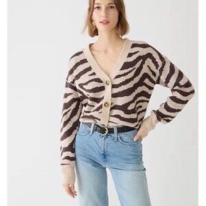J Crew Womens Cardigan Sweater Beige Alpaca Wool Zebra Animal Print Cozy Fall S